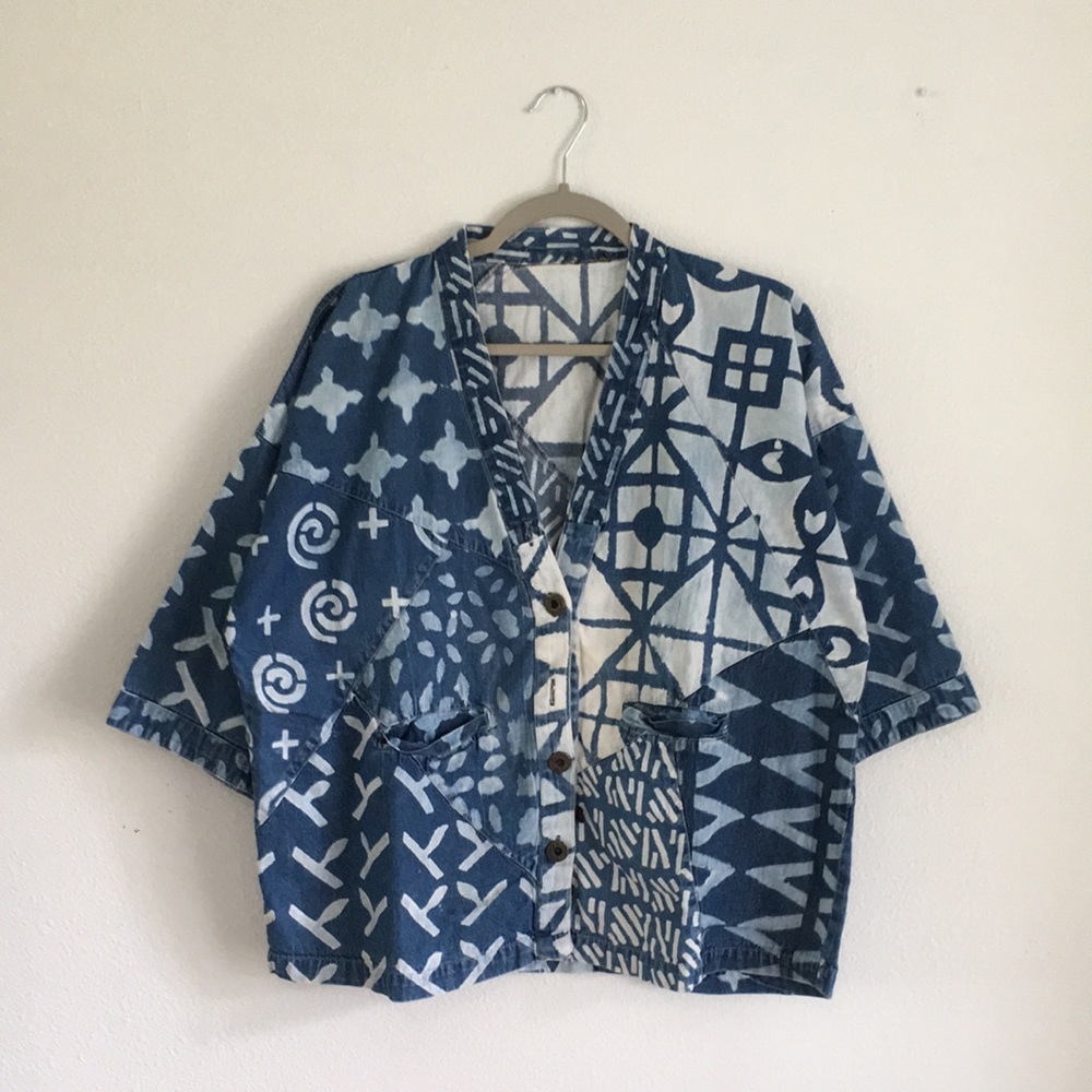 Vintage oriental thin cotton denim kimono shirt